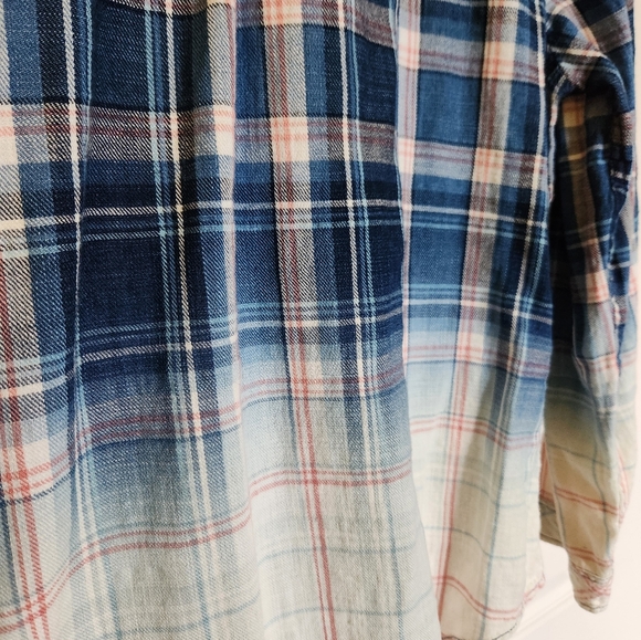 Blue and Pink Plaid Bleach Dip Button Front Shirt - Picture 3 of 4